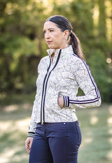 Chambray Blue Poppies Full Zip Track Jacket w/Striped Trim