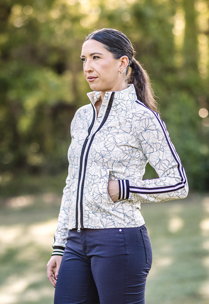 Chambray Blue Poppies Full Zip Track Jacket w/Striped Trim