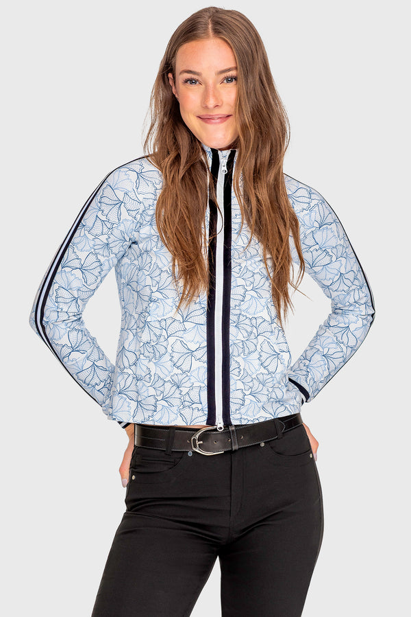 Chambray Blue Poppies Full Zip Track Jacket w/Striped Trim