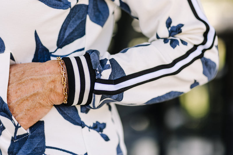 Indigo Lithograph Leaf Full Zip Track Jacket w/Striped Trim - [Kastel]
