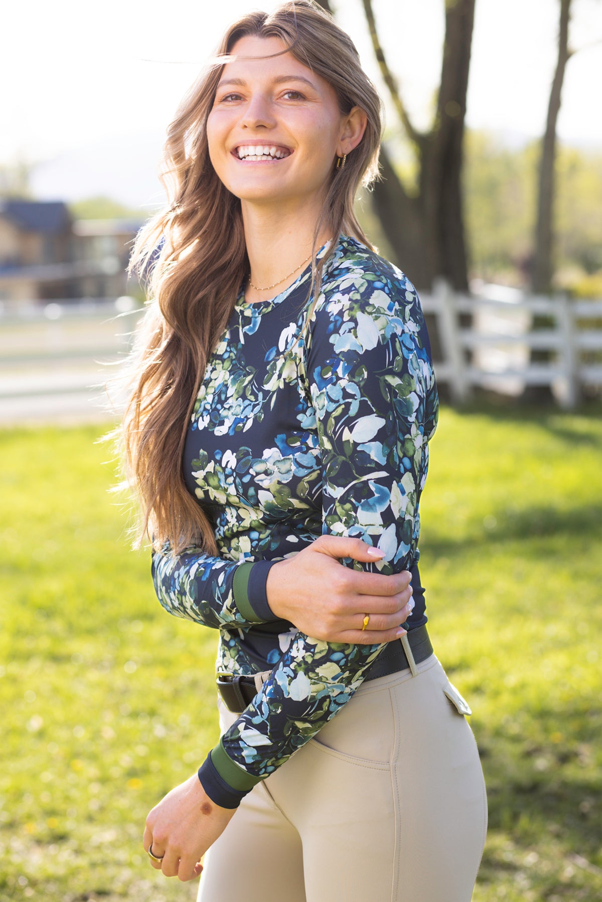 Navy Watercolor Floral w/ Striped Cuffs Long Sleeve Crewneck Sun Shirt Kastel Denmark US