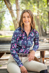 Long Sleeve Navy Garden Blooms  1/4 Zip Sun Shirt - [Kastel]