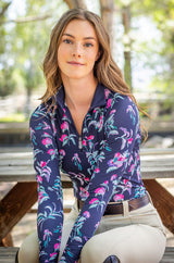 Long Sleeve Navy Garden Blooms  1/4 Zip Sun Shirt - [Kastel]