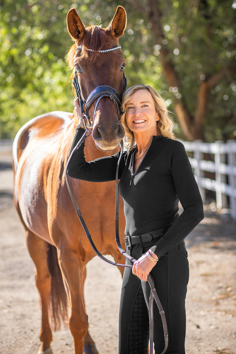 Black Crystal Zipper Ribbed Mock Neck Sweater