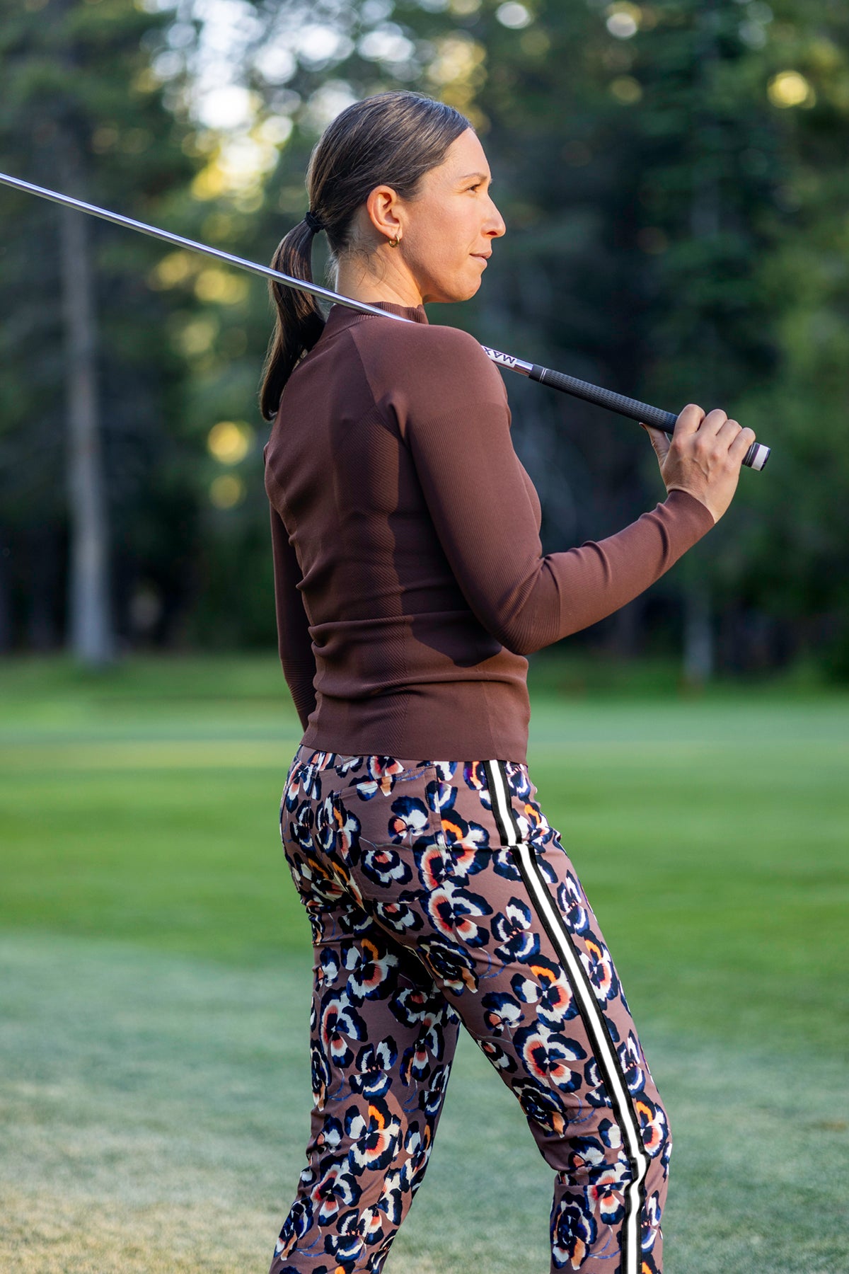 Chocolate Brown Pansies Tailored Active Pant w/ Black & White Striped Trim Kastel Denmark US