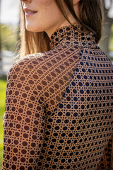 Camel Basketweave Mock Neck Long Sleeve Mesh Raglan Kastel Denmark US