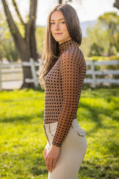 Camel Basketweave Mock Neck Long Sleeve Mesh Raglan Kastel Denmark US