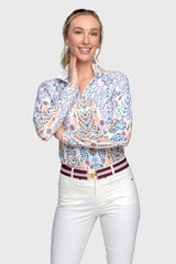 Coral Block Print Floral 1/4 Zip Long Sleeve Shirt - [Kastel]
