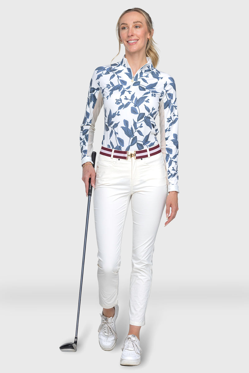 Indigo Lithograph Leaf 1/4 Zip Long Sleeve Shirt