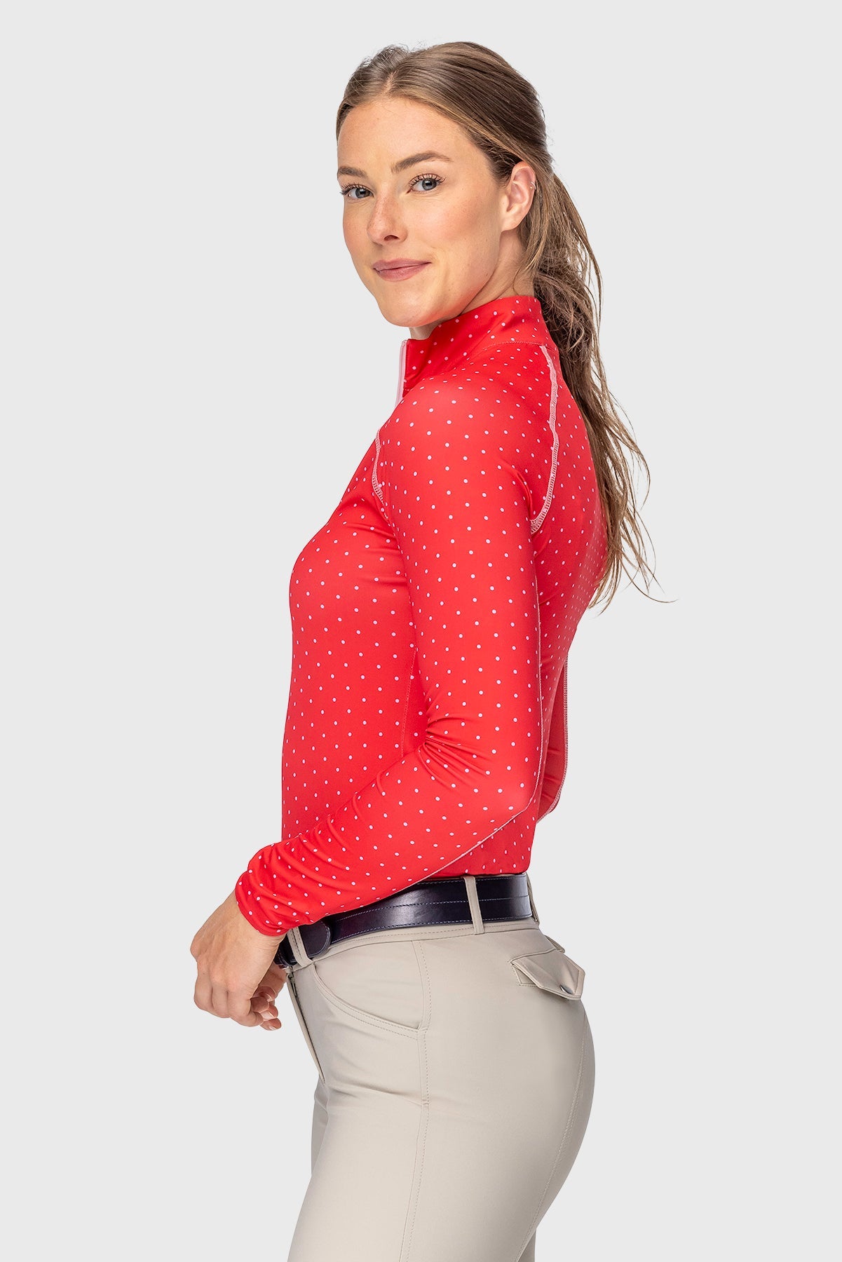 Red & Pink Swiss Dot W/ Contrast Zipper and Pink Stitching Long Sleeve 1/4 Zip Kastel Denmark US