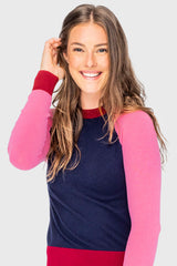 Navy, Hot Pink, & Wine Color Block Long Sleeve Crewneck Sweater Kastel Denmark