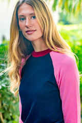 Navy, Hot Pink, & Wine Color Block Long Sleeve Crewneck Sweater Kastel Denmark