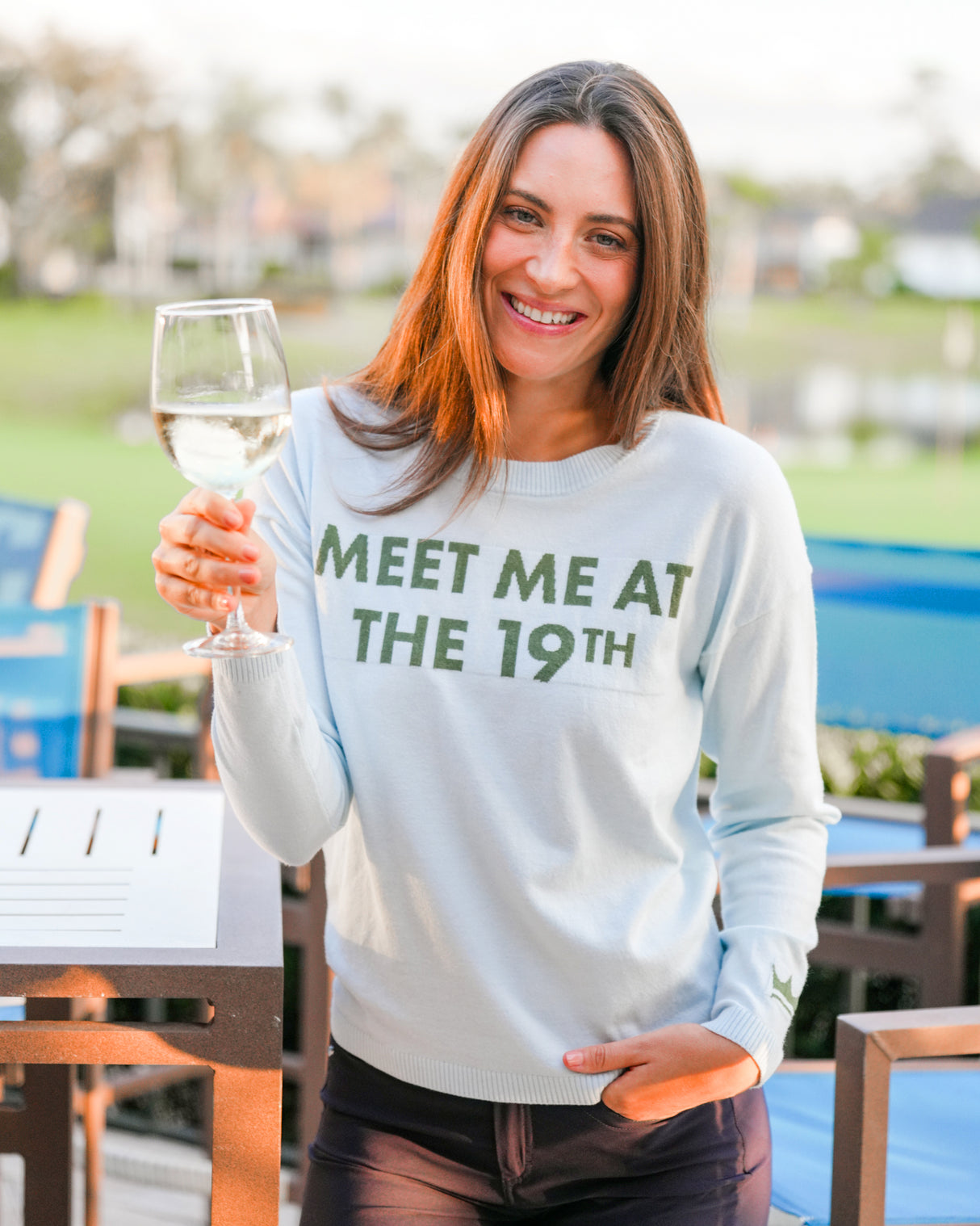 "Meet Me At The 19th" Long Sleeve Crewneck Sweater in Powder Blue & Foliage Green Kastel Denmark