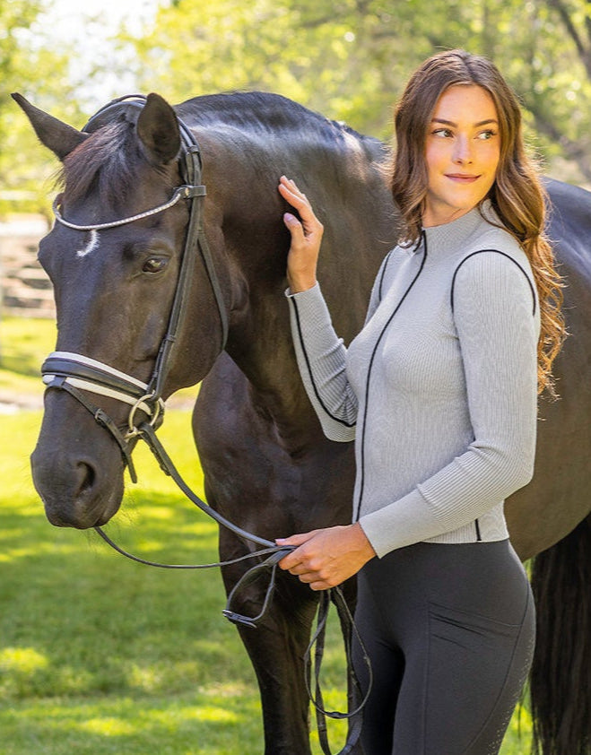 Dove Gray Ribbed Mock Neck Sweater with Black Piping - [Kastel]