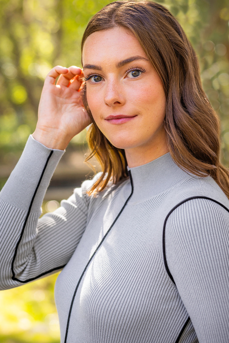Dove Gray Ribbed Mock Neck Sweater with Black Piping
