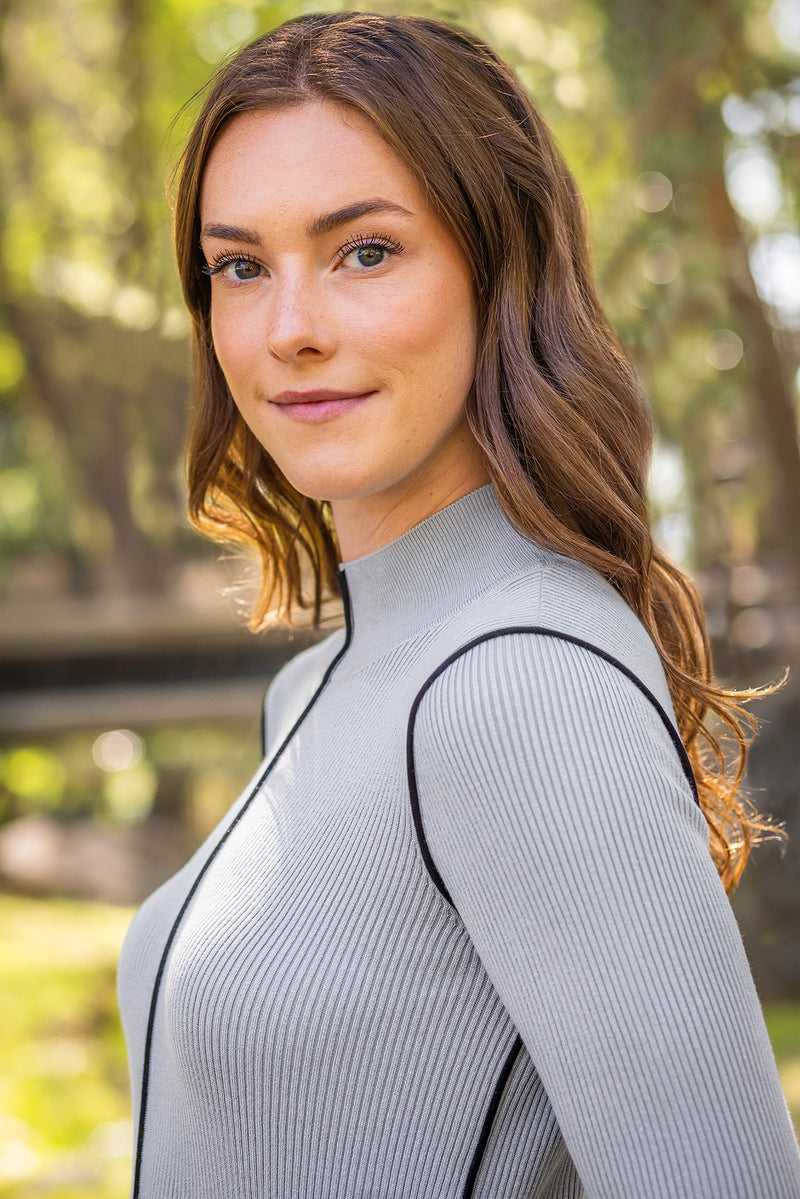 Dove Gray Ribbed Mock Neck Sweater with Black Piping