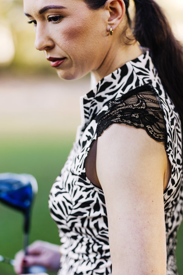 Black & White Climbing Vine Lace Shoulder Sleeveless Top