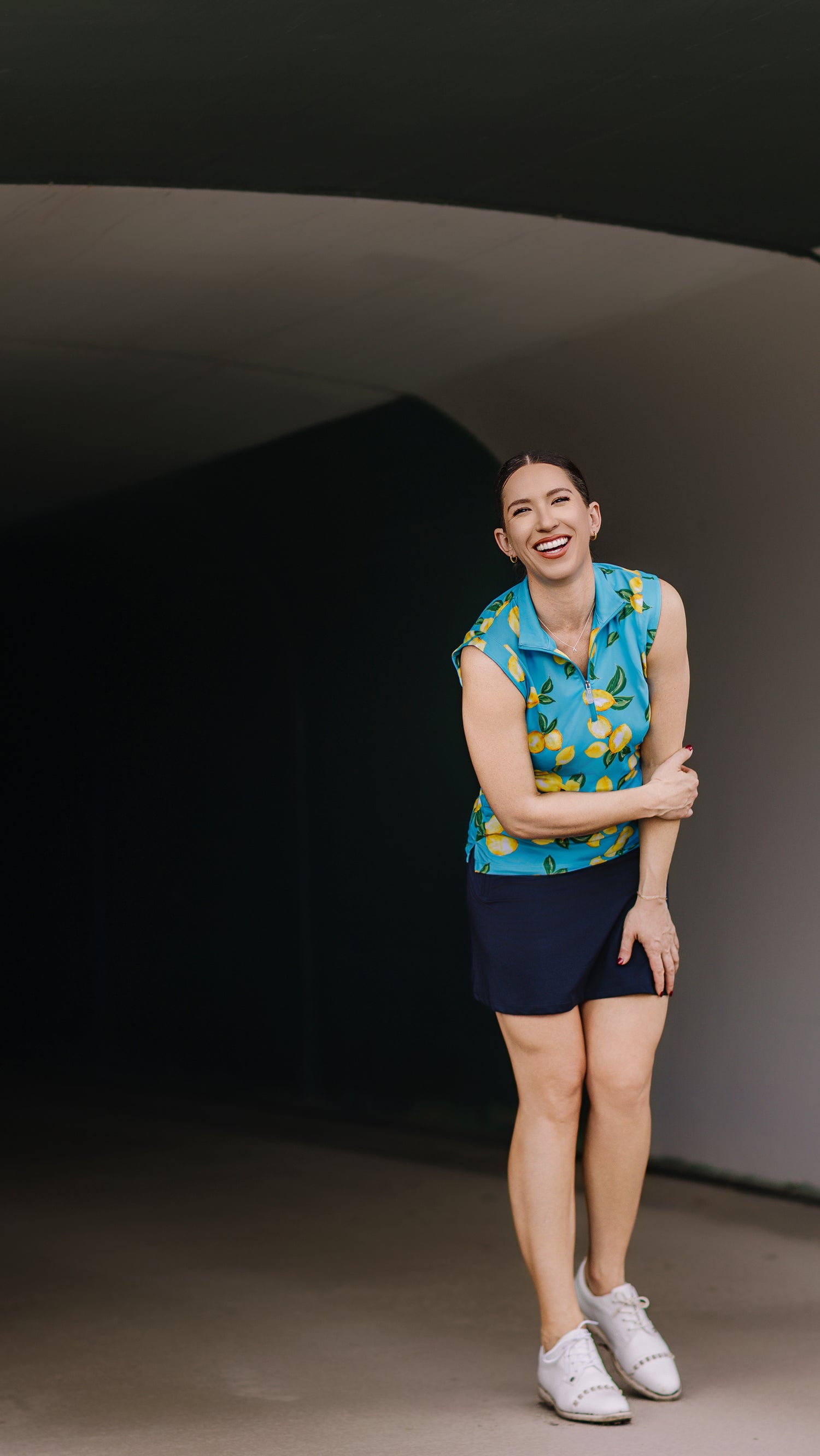 Azure Lemons Ruched Back Sleeveless 1/4 Zip Shirt - [Kastel]
