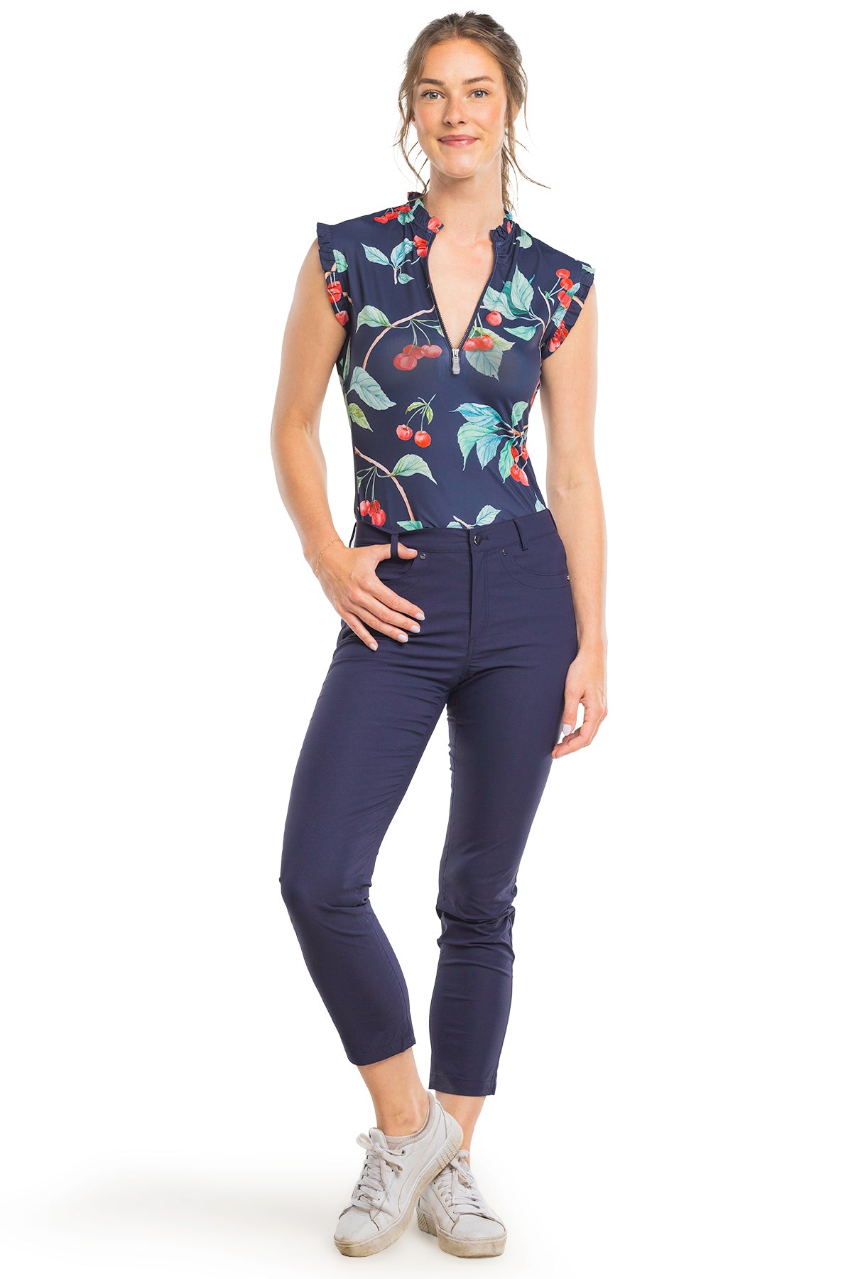 Navy Cherries Ruffle Sleeveless 1/4 Zip Sun Top - [Kastel]