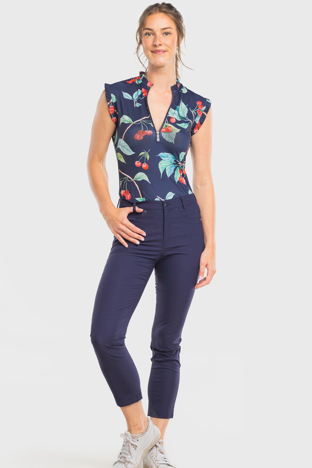 Navy Cherries Ruffle Sleeveless 1/4 Zip Sun Top Kastel Denmark