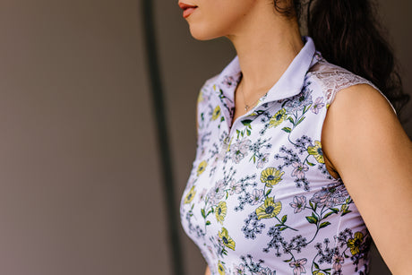 Yellow Wild Poppies Lace Shoulder Sleeveless 1/4 Zip Sun Top - [Kastel]