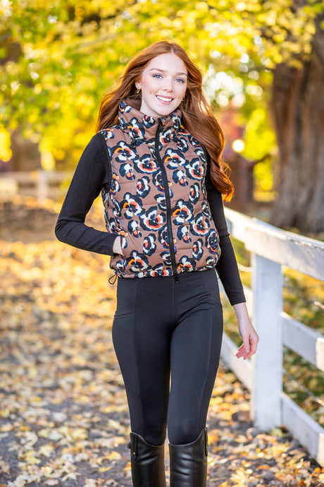Chocolate Brown Pansies Reversible Puffer Vest w/Chocolate Brown Reverse Kastel Denmark US