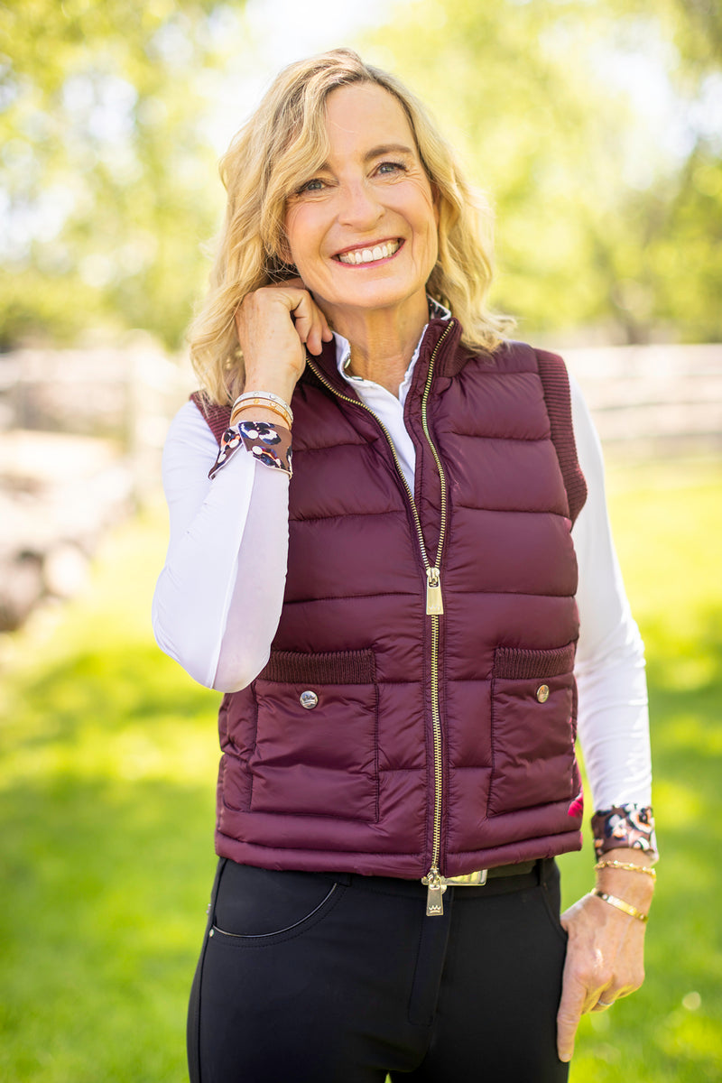 Oxblood Quilted Vest w/Knit Trim & Gold Zipper Kastel Denmark US