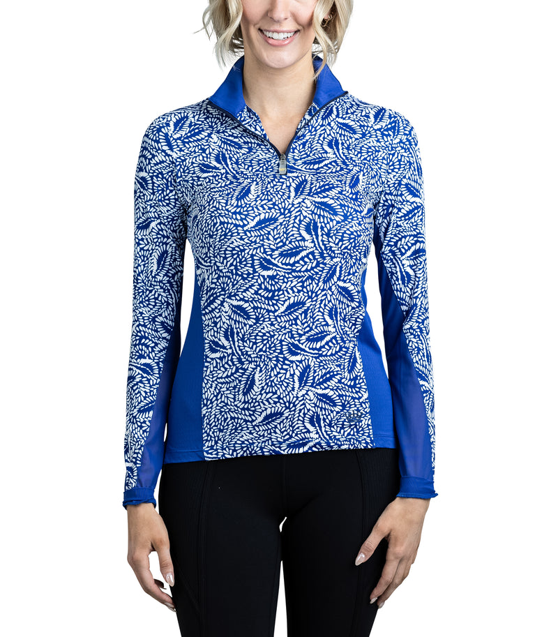 Blue and White Leaves with Extended Mesh Long Sleeve