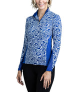Blue and White Leaves with Extended Mesh Long Sleeve