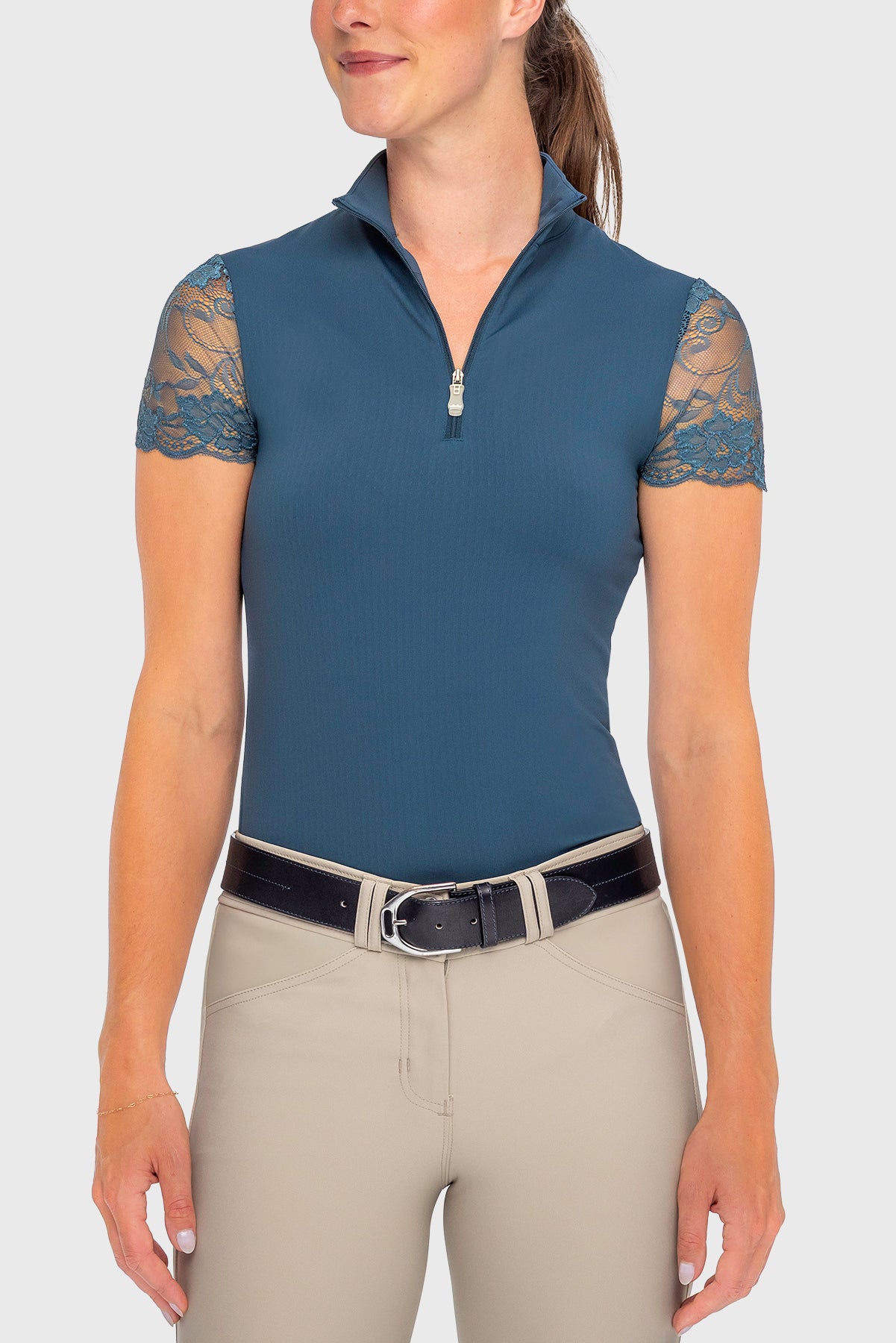 Sailor Blue Galloon Lace 1/4 Zip Cap Sleeve Shirt - [Kastel]