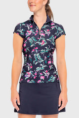 Cap Sleeve Navy Garden Blooms 1/4 Zip Sun Shirt - [Kastel]