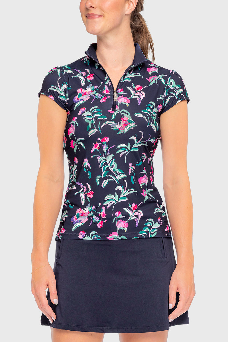 Cap Sleeve Navy Garden Blooms 1/4 Zip Sun Shirt - [Kastel]