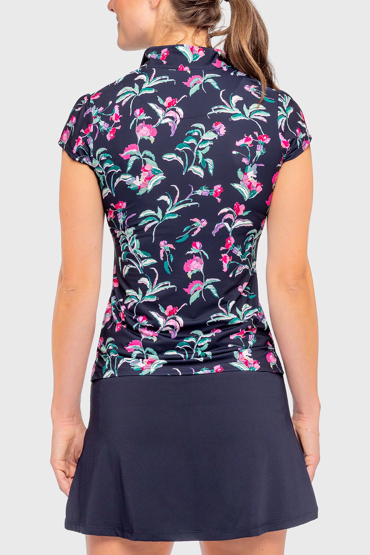 Cap Sleeve Navy Garden Blooms 1/4 Zip Sun Shirt - [Kastel]