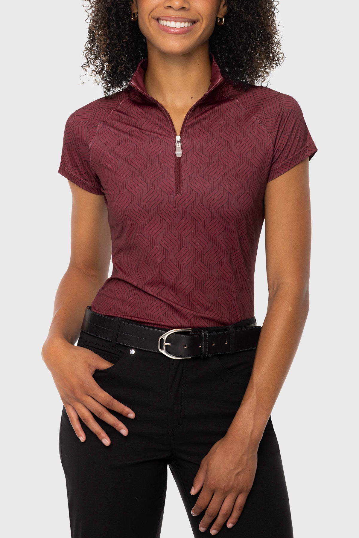 Oxblood Herringbone 1/4 Zip Cap Sleeve Top Kastel Denmark US