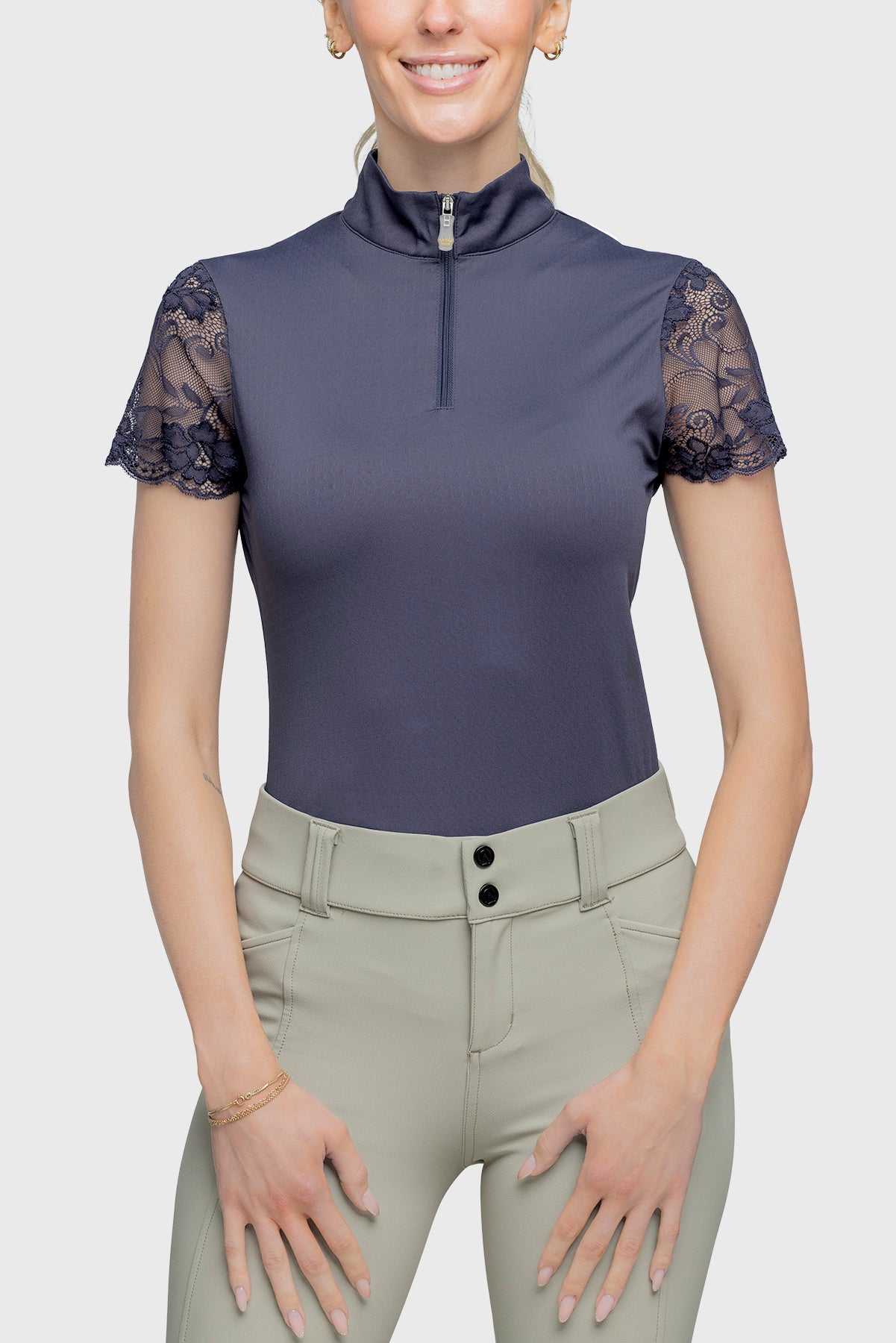 Navy Galloon Lace Short Sleeve Sun Shirt - [Kastel]