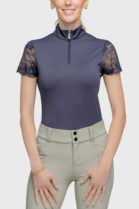 Navy Galloon Lace Short Sleeve Sun Shirt - [Kastel]