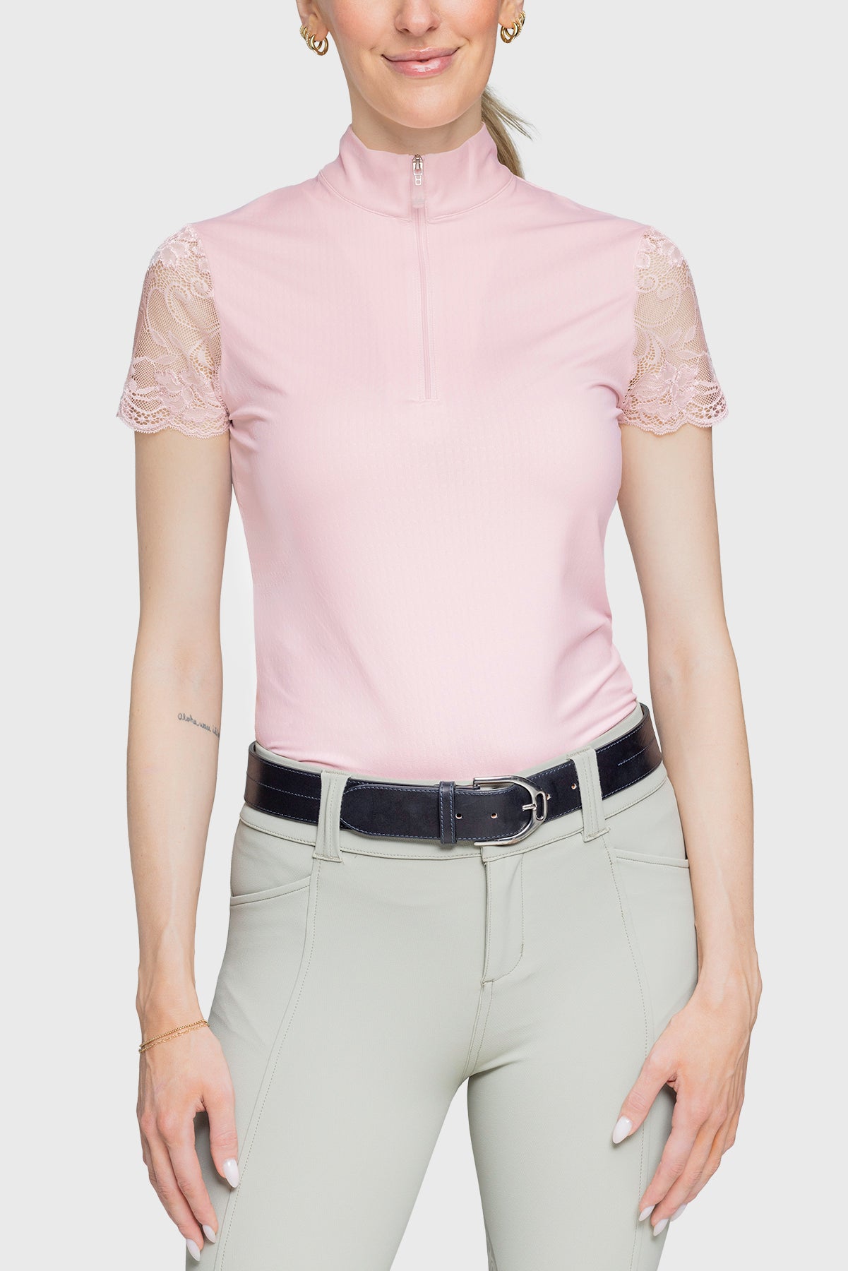 Galloon Lace Ballerina Pink Short Sleeve 1/4 Zip Sun Shirt - [Kastel]