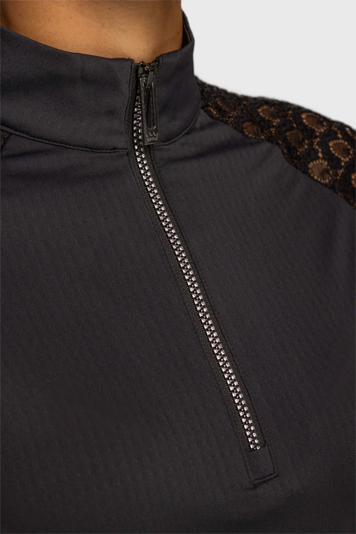 Black Scallop Lace Crystal Zip Cap Sleeve 1/4 Zip Sun Shirt Kastel Denmark