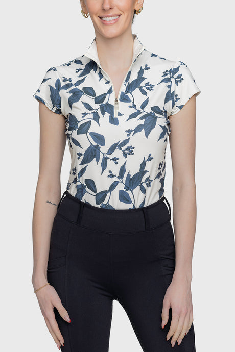 Indigo Lithograph Leaf 1/4 Zip Cap Sleeve Shirt - [Kastel]