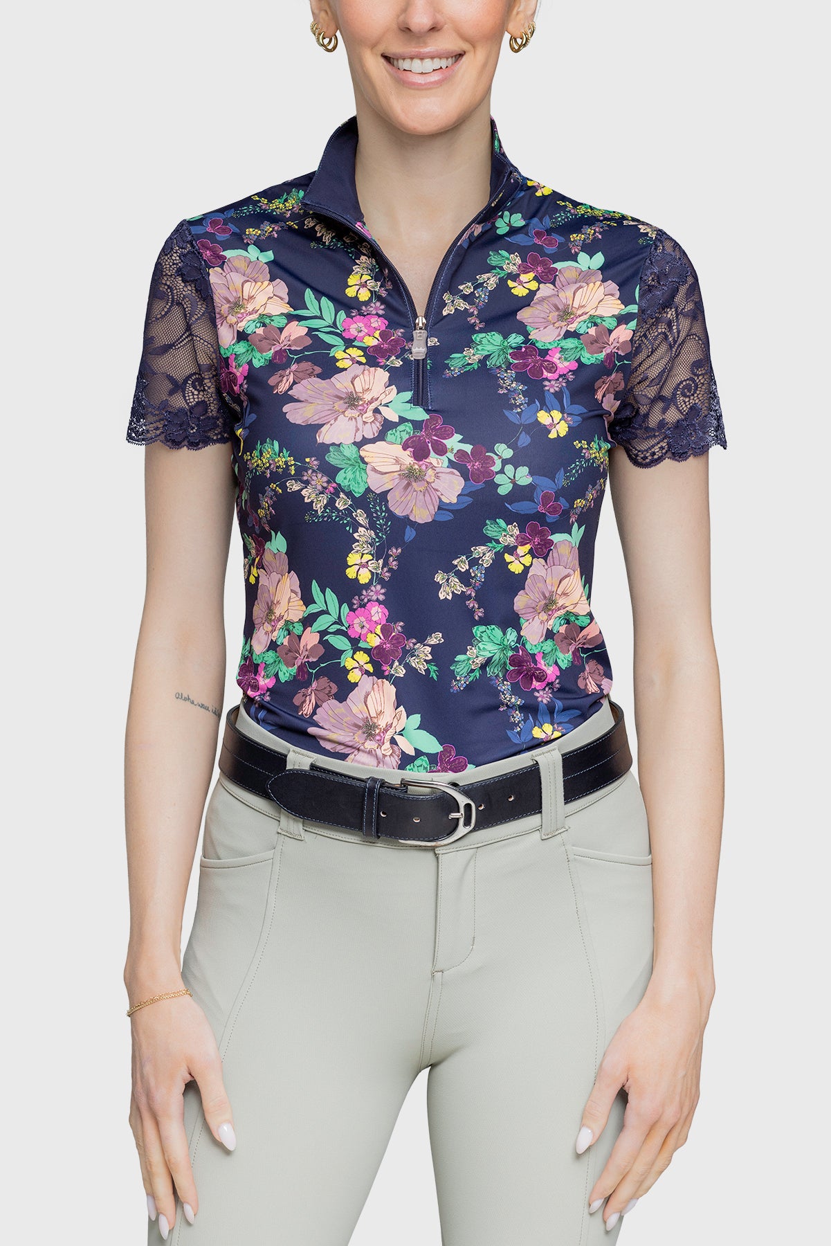 Navy Lush Garden Galloon Lace 1/4 Zip Short Sleeve Shirt - [Kastel]
