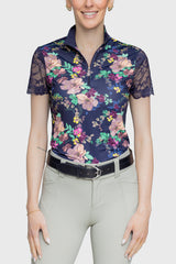Navy Lush Garden Galloon Lace 1/4 Zip Short Sleeve Shirt - [Kastel]