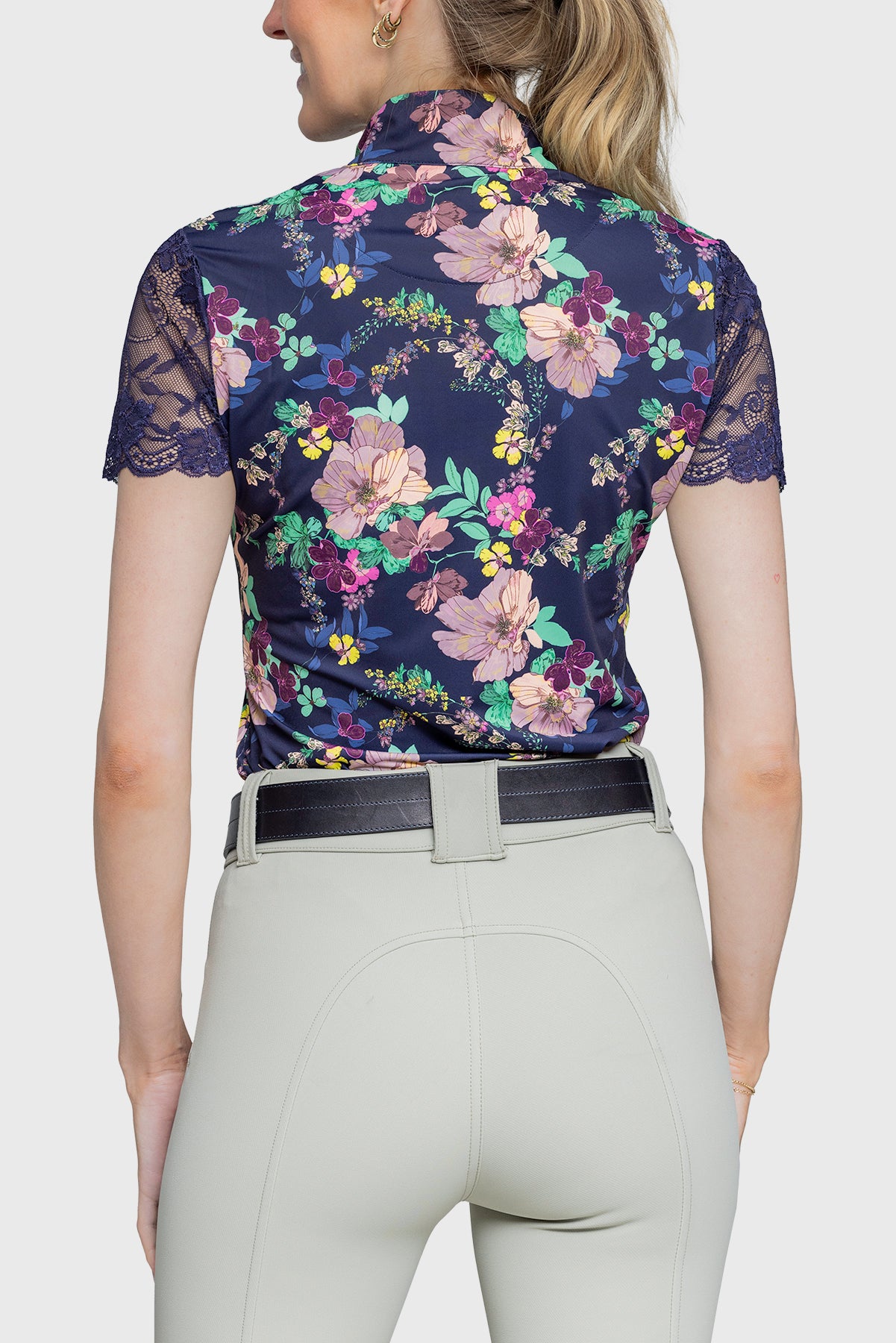 Navy Lush Garden Galloon Lace 1/4 Zip Short Sleeve Shirt - [Kastel]