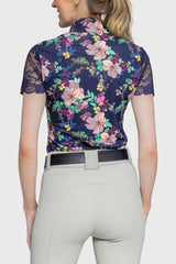 Navy Lush Garden Galloon Lace 1/4 Zip Short Sleeve Shirt - [Kastel]