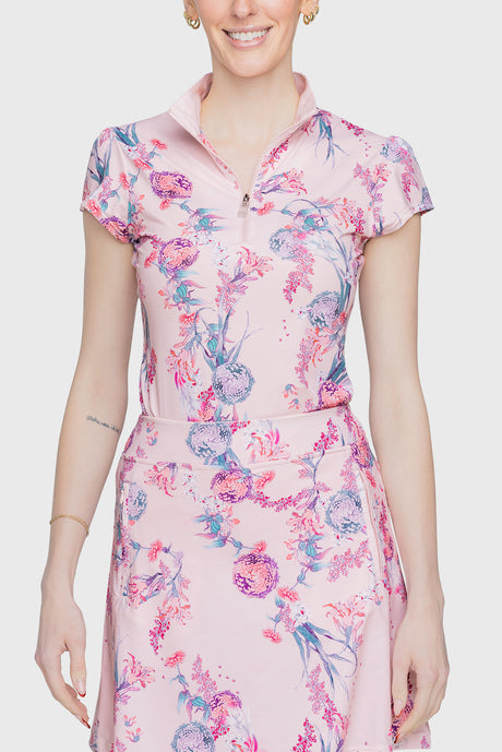 Pink Tea Garden 1/4 Zip Cap Sleeve Shirt - [Kastel]
