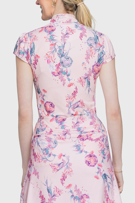 Pink Tea Garden 1/4 Zip Cap Sleeve Shirt - [Kastel]