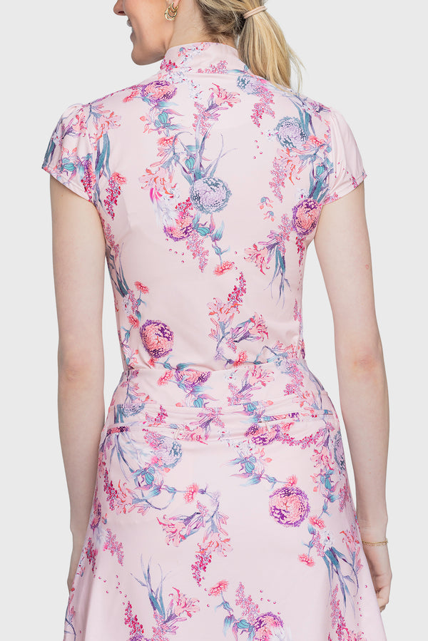 Pink Tea Garden 1/4 Zip Cap Sleeve Shirt