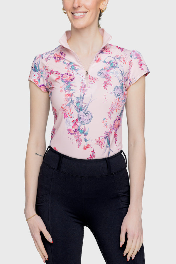 Pink Tea Garden 1/4 Zip Cap Sleeve Shirt