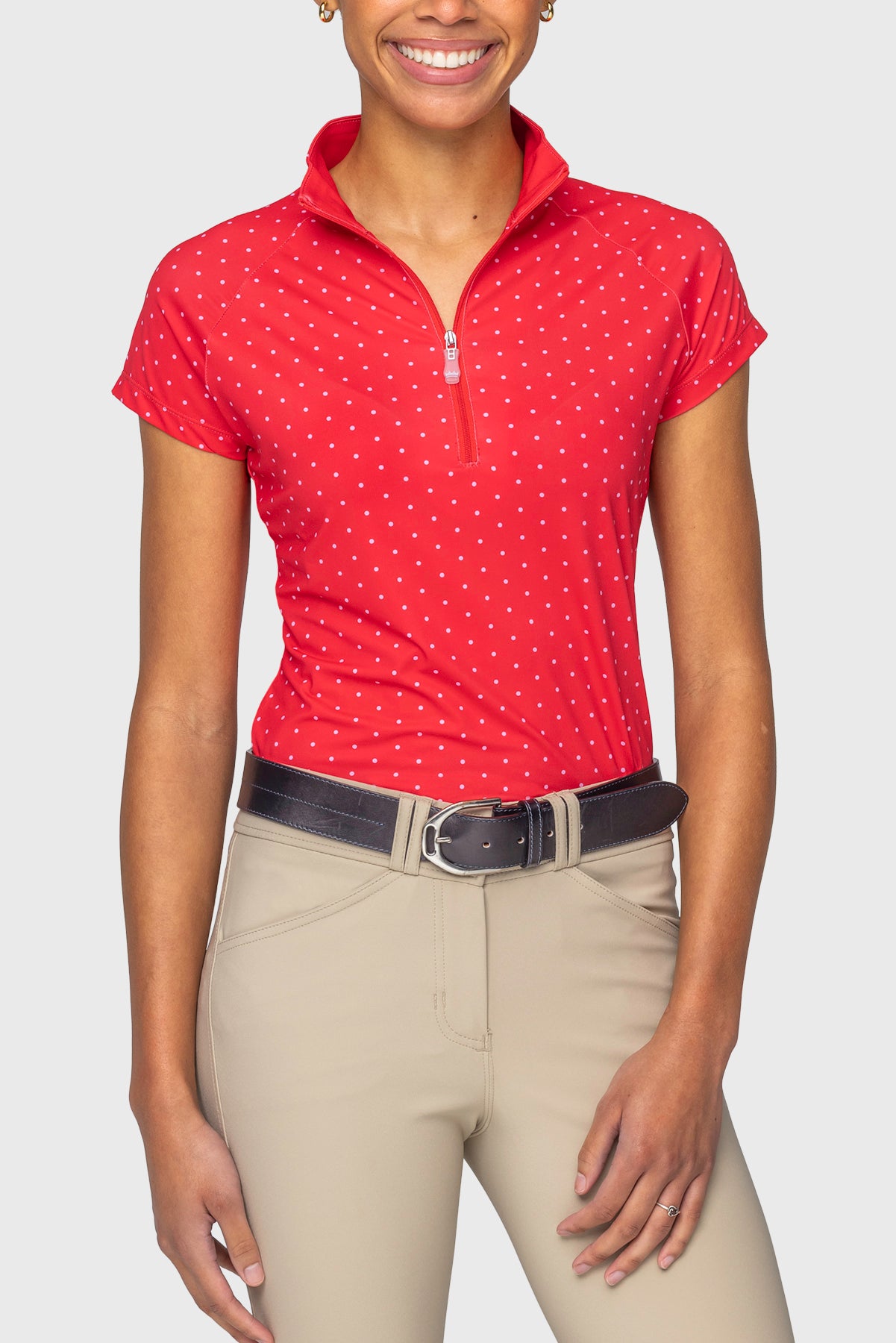 Red & Pink Swiss Dot Cap Sleeve 1/4 Zip Sun Shirt Kastel Denmark US