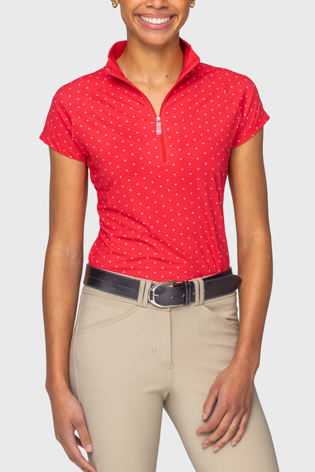 Red & Pink Swiss Dot Cap Sleeve 1/4 Zip Sun Shirt Kastel Denmark US