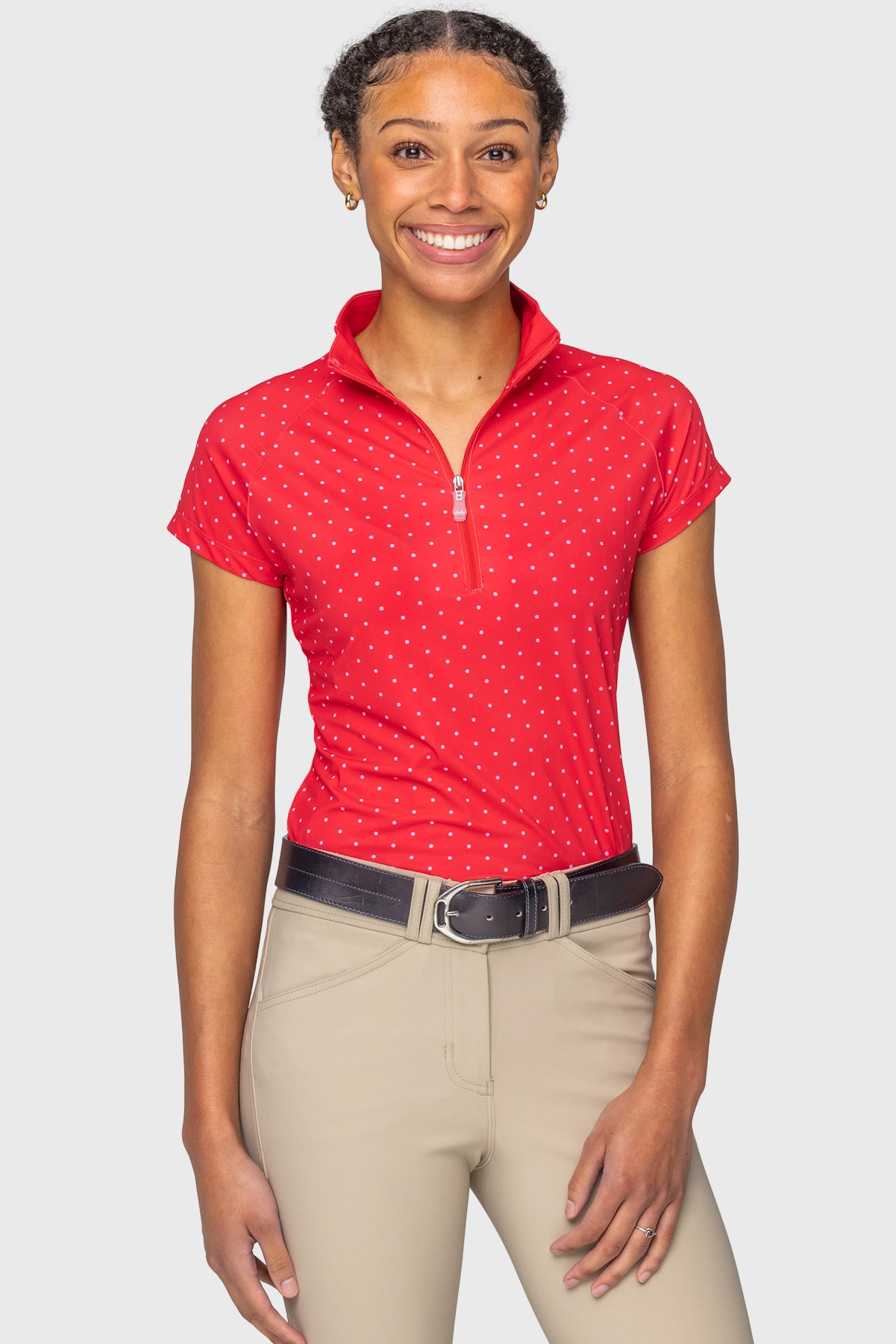 Red & Pink Swiss Dot Cap Sleeve 1/4 Zip Sun Shirt Kastel Denmark US